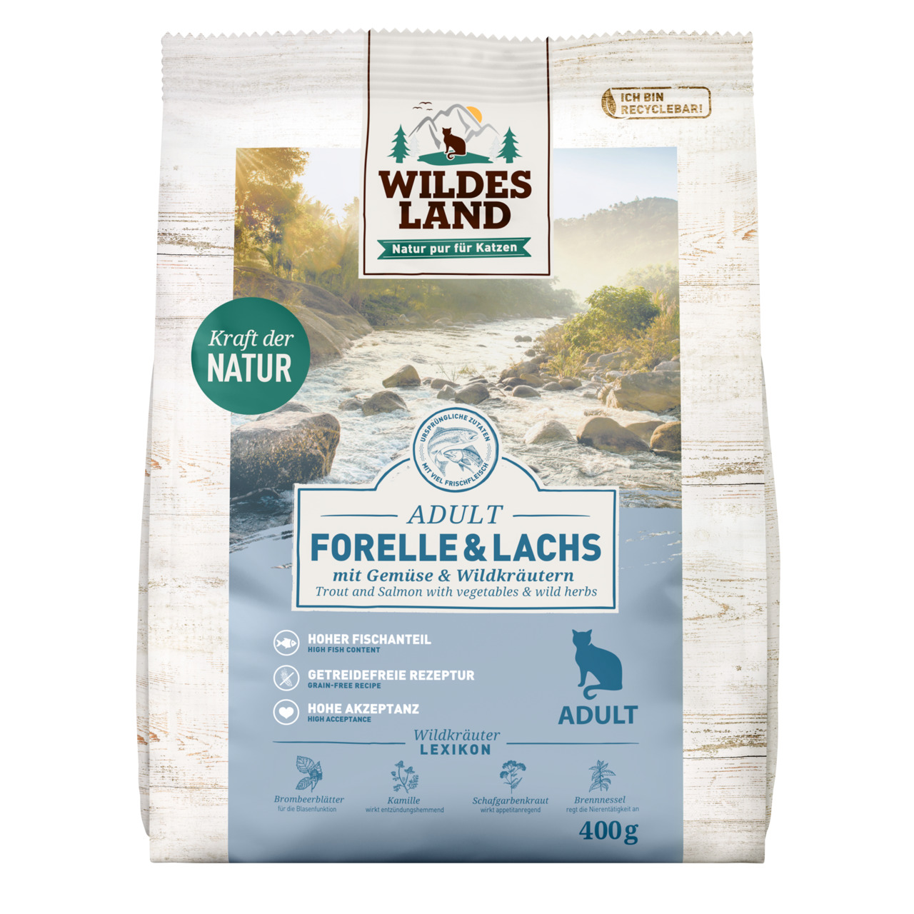 Das Bild zeigt eine Verpackung des Katzenfutters „Wildes Land Adult Forelle & Lachs“ mit Gemüse und Wildkräutern. Die Zielgruppe sind erwachsene Katzen. Das Produkt enthält einen hohen Fischanteil, ist getreidefrei und hat eine hohe Akzeptanz. Die Packung