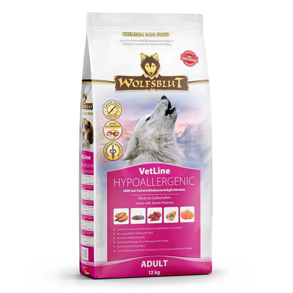 Wolfsblut VetLine Hypoallergenic, 12 kg, für ausgewachsene Hunde, Pferd & Süßkartoffeln, getreidefrei, hypoallergen, bei Unverträglichkeiten.