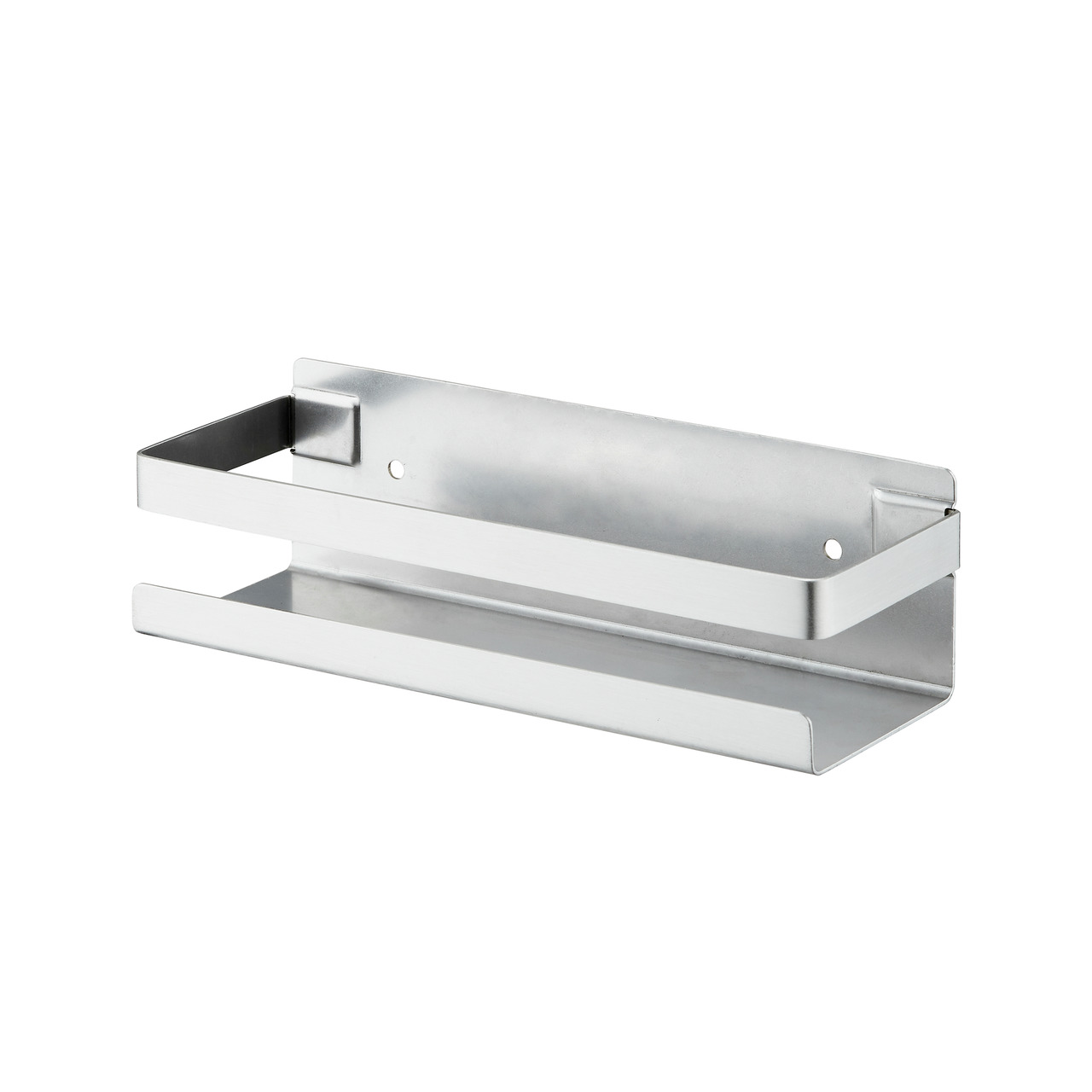 Rechteckiges Edelstahl-Wandregal, modernes Design, glatte Oberfläche, offene Vorderseite, 2 Befestigungslöcher, ideal für Bad-Küche.
