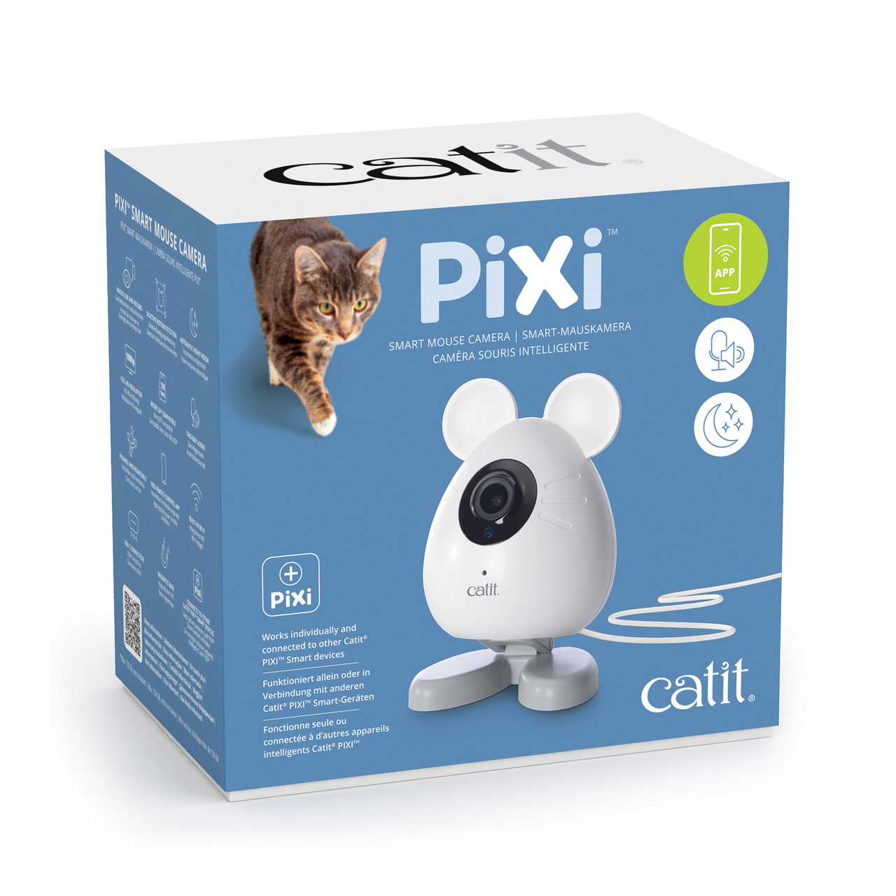 Das Bild zeigt die Verpackung der Catit PIXI Smart-Mauskamera, ein innovatives Produkt für Katzenbesitzer. Die Kamera ist in Form einer Maus gestaltet und bietet Funktionen wie Nachtsicht und App-Steuerung. Zielgruppe sind Katzenhalter, die ihre Haustiere