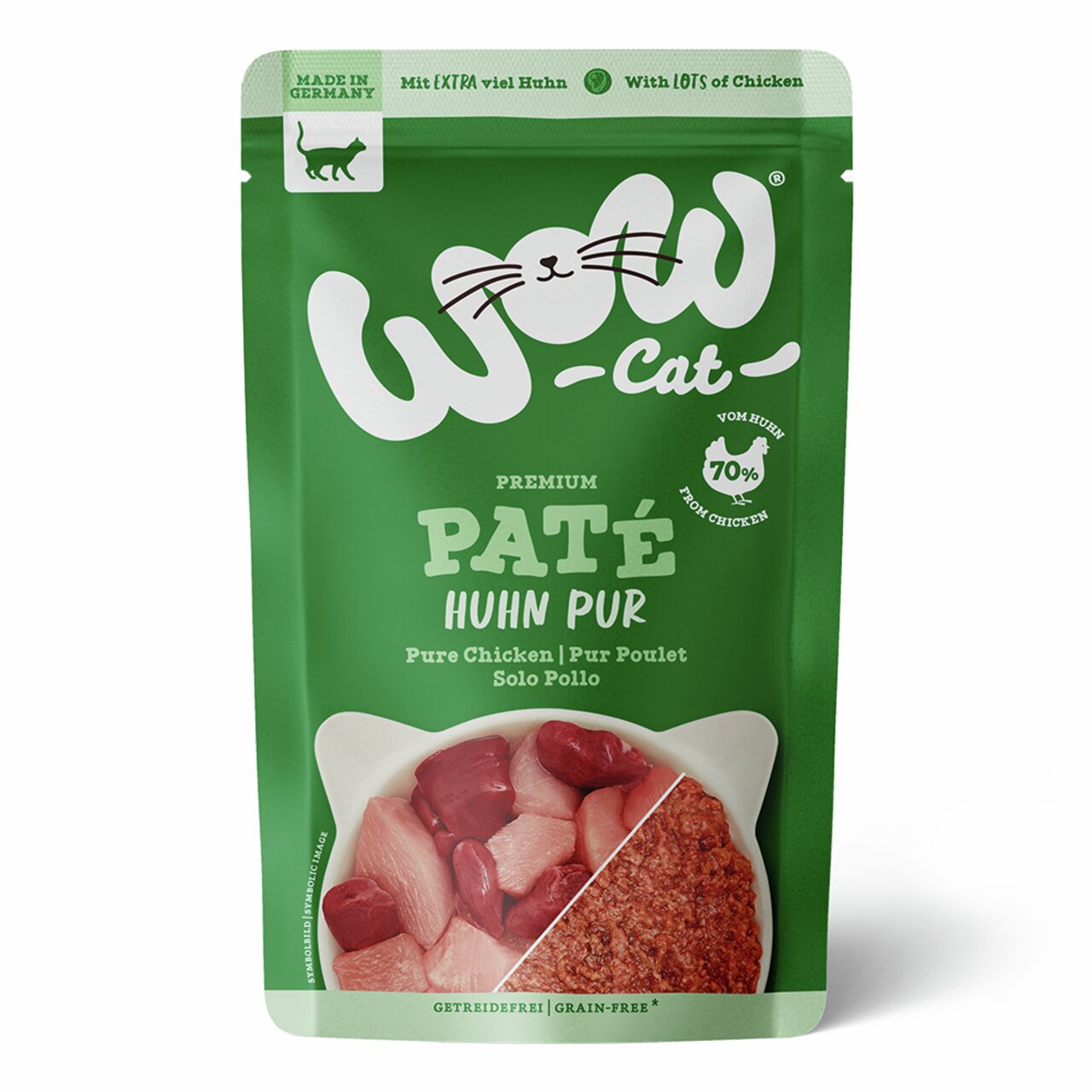 WOW CAT Premium Paté Huhn Pur, Nassfutter f. Katzen, getreidefrei, 70 % Huhn, Made in Germany, hochwertige Qualität.