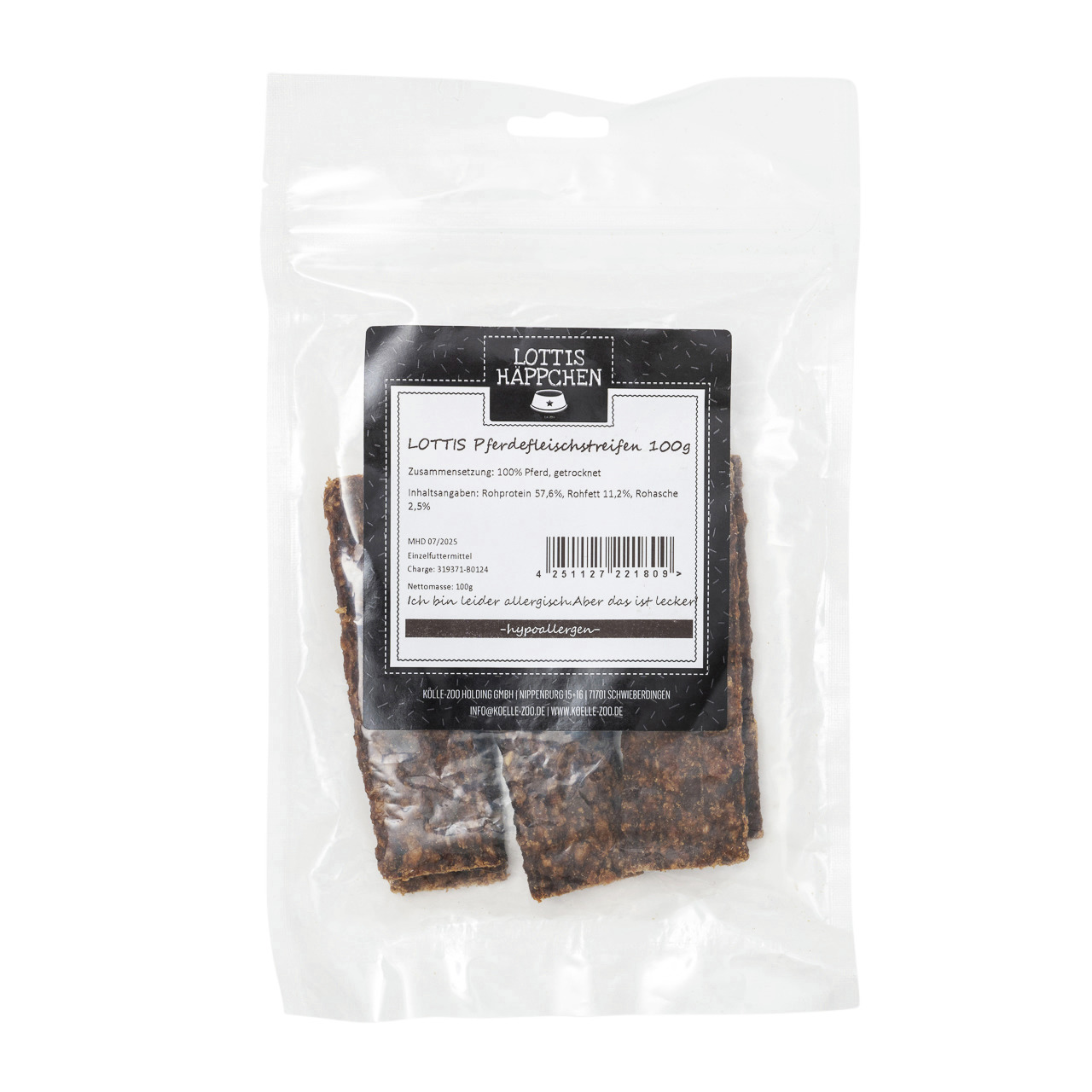 Das Bild zeigt eine transparente Verpackung mit der Aufschrift „LOTTIS HÄPPCHEN“. Enthalten sind 100 g Pferdefleischstreifen, ein hypoallergenes Hundesnack-Produkt aus 100 % getrocknetem Pferdefleisch. Die Zielgruppe sind Hunde, besonders solche mit Aller