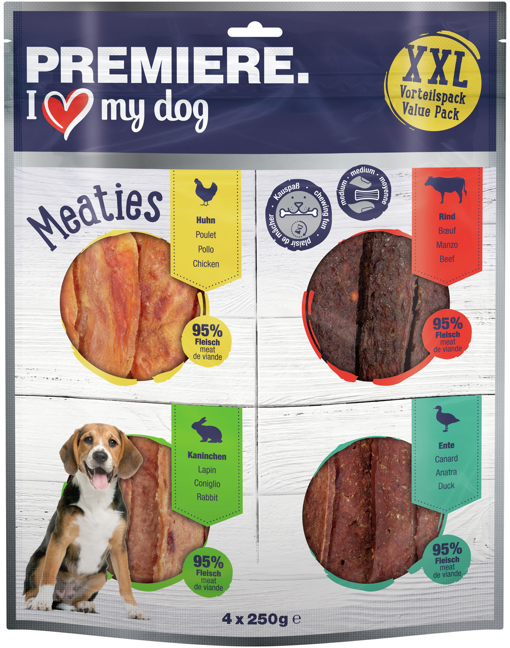 PREMIERE Meaties XXL Vorteilspack für Hunde, 4 Sorten (Huhn, Rind, Kaninchen, Ente), 95 % Fleisch, 4 x 250 g, Kauspaß & hochwertige Zutaten.