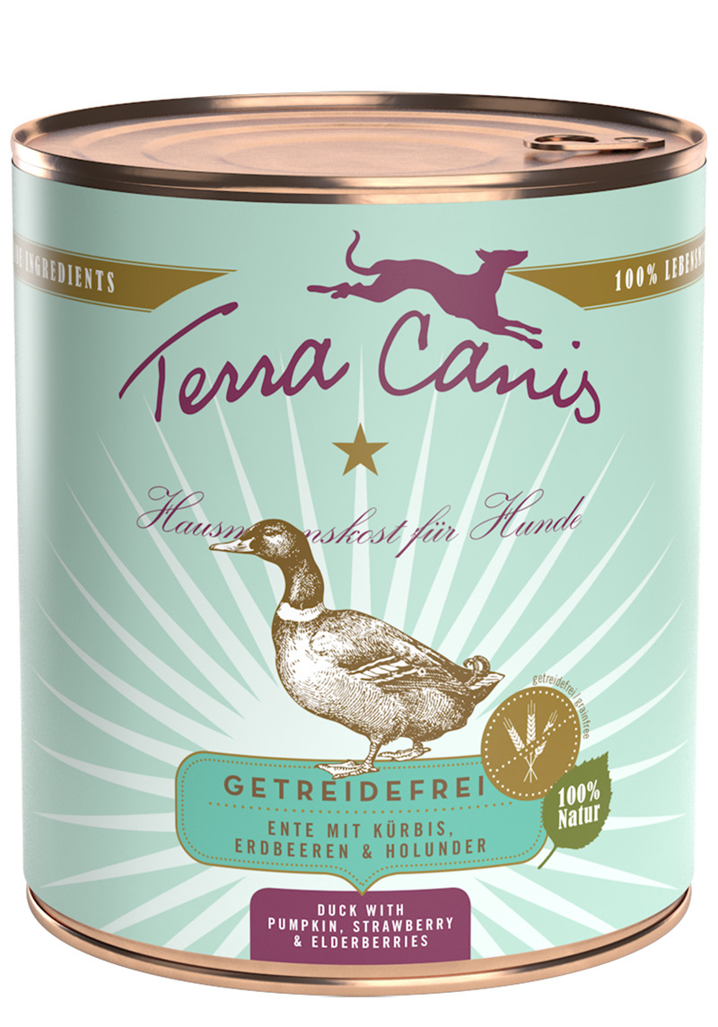 Terra Canis Getreidefrei Ente mit Kürbis, Erdbeeren & Holunder 800g Dose Hundenassfutter