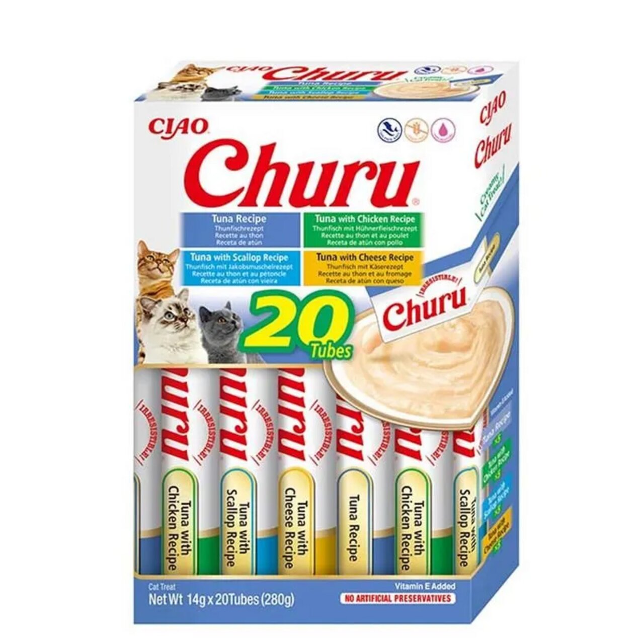 Churu Katzenleckerlis, 20 Tuben à 14g, Geschmacksrichtungen Thunfisch, Hühnchen, Käse, Jakobsmuschel, ohne künstliche Konservierungsstoffe.