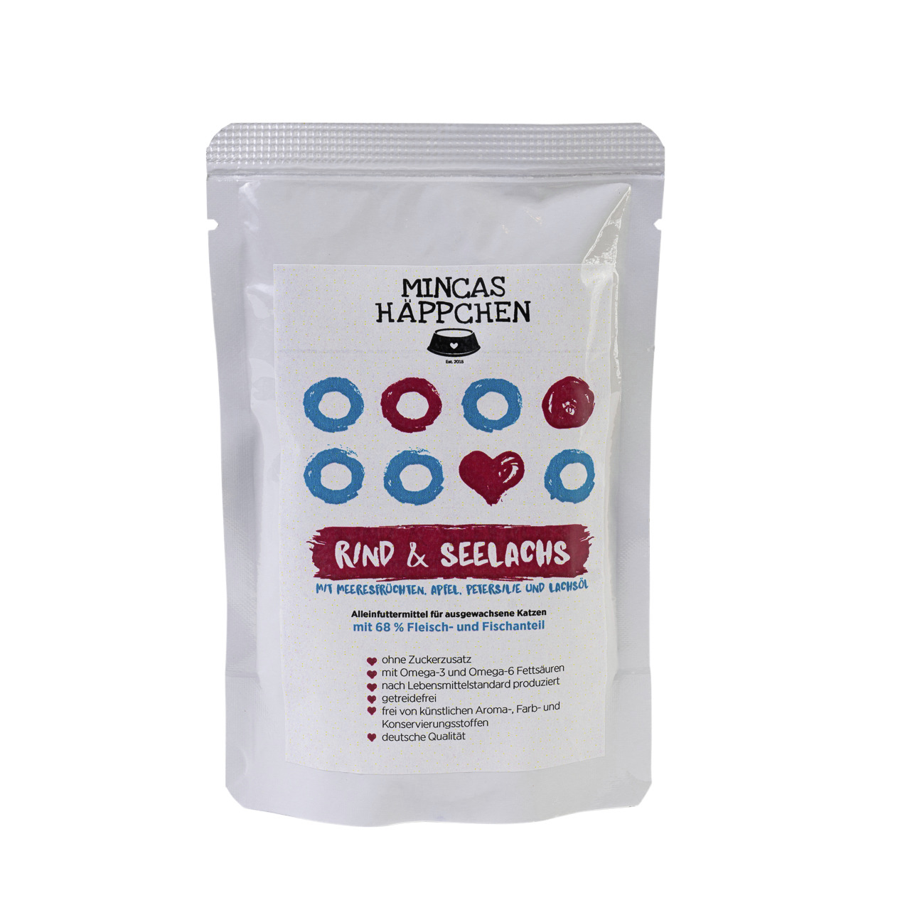 MINCAS HÄPPCHEN, Rind & Seelachs, für ausgewachsene Katzen, 85 g. Mit Rind, Seelachs, Meeresröschen, Apfel, Petersilie, Lachsöl.