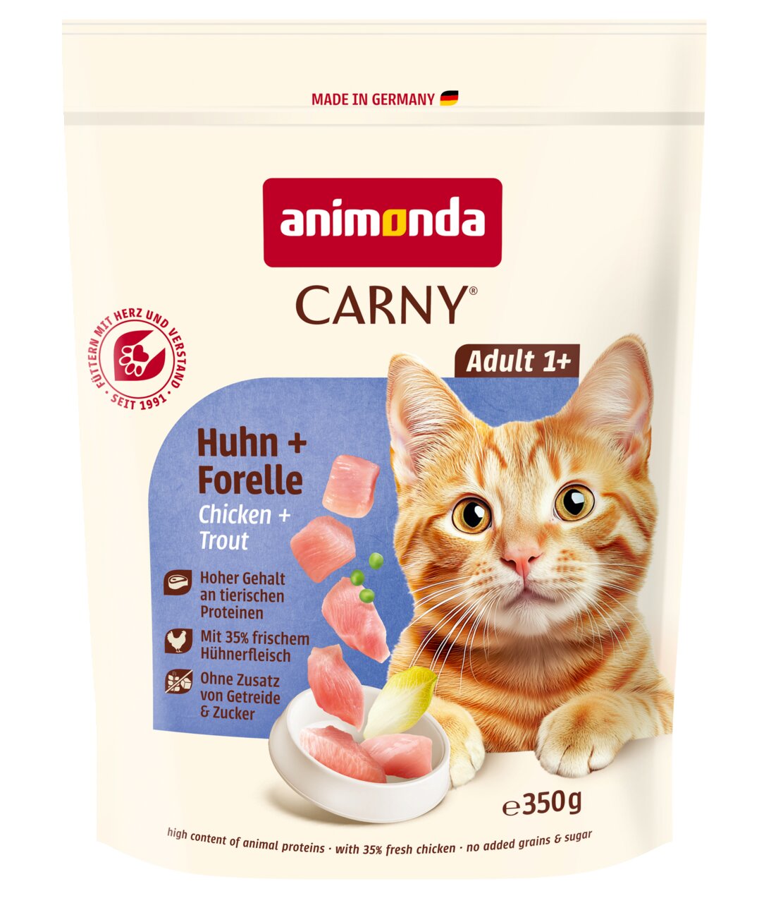 animonda Carny Adult 1+ Katzenfutter Huhn und Forelle für adulte Katzen, getreide- und zuckerfrei, 350 g Beutel