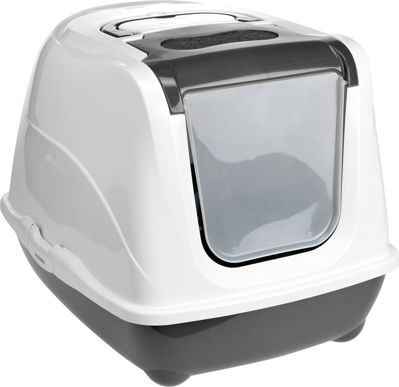 Das Bild zeigt die AniOne Katzentoilette mit Haube, geeignet für Katzen aller Größen. Die Toilette ist in Weiß und Schwarz gestaltet und verfügt über eine transparente Schwingtür sowie einen integrierten Aktivkohlefilter zur Geruchsbindung. Sie bietet Pri