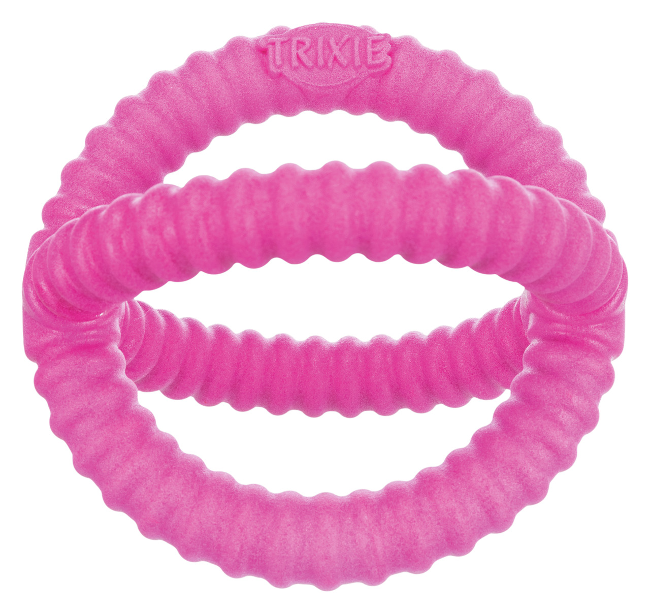 Das Bild zeigt das TRIXIE Hundespielzeug "Denta Fun Ring" in leuchtendem Pink. Es besteht aus robustem, genopptem Gummi, das die Zahnpflege unterstützt und das Zahnfleisch massiert. Geeignet für Hunde aller Größen. Perfekt für Kau- und Wurfspiele. EAN: 40