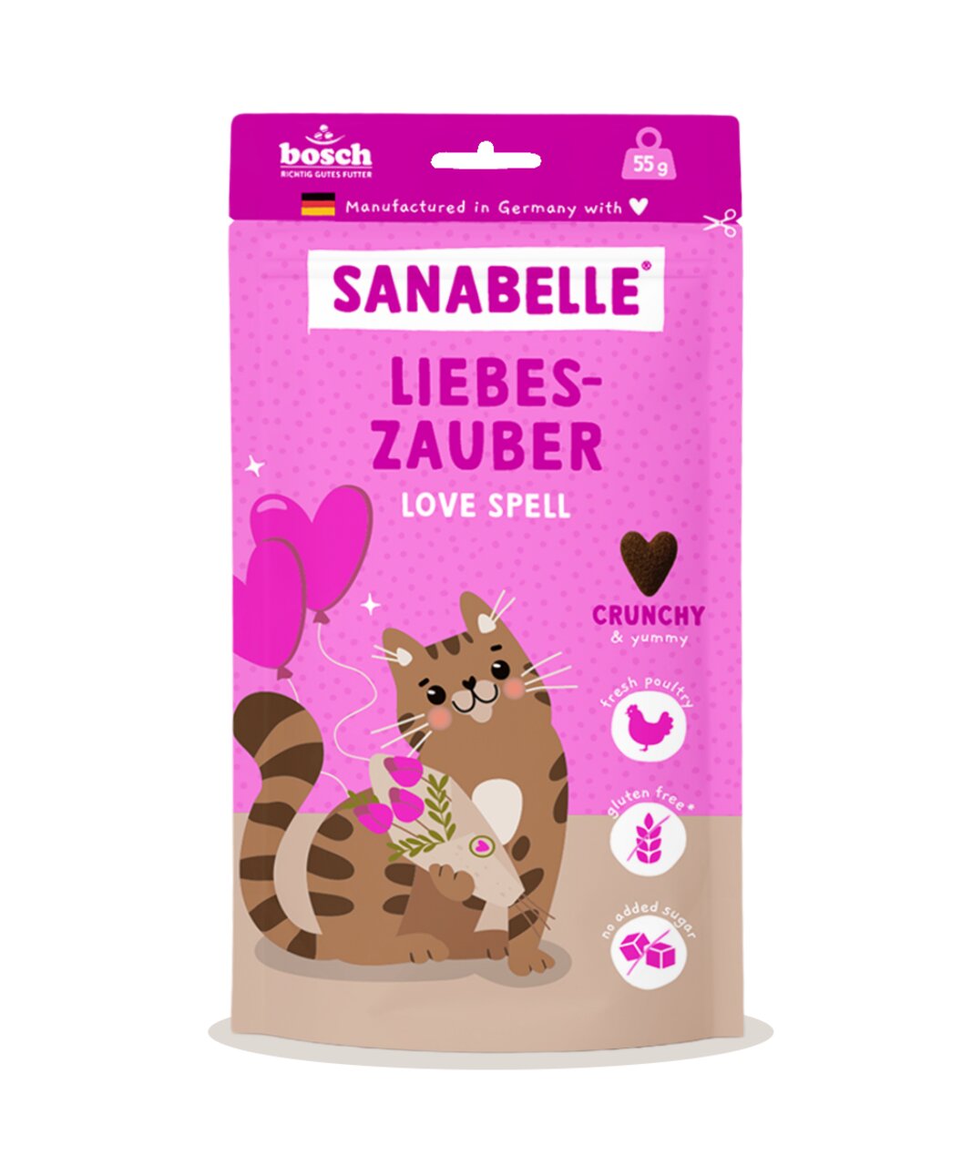 Sanabelle Liebeszauber Katzensnack, für Katzen, mit Geflügel, ohne Zuckerzusatz, glutenfrei, 55 g Beutel, crunchy und schmackhaft.