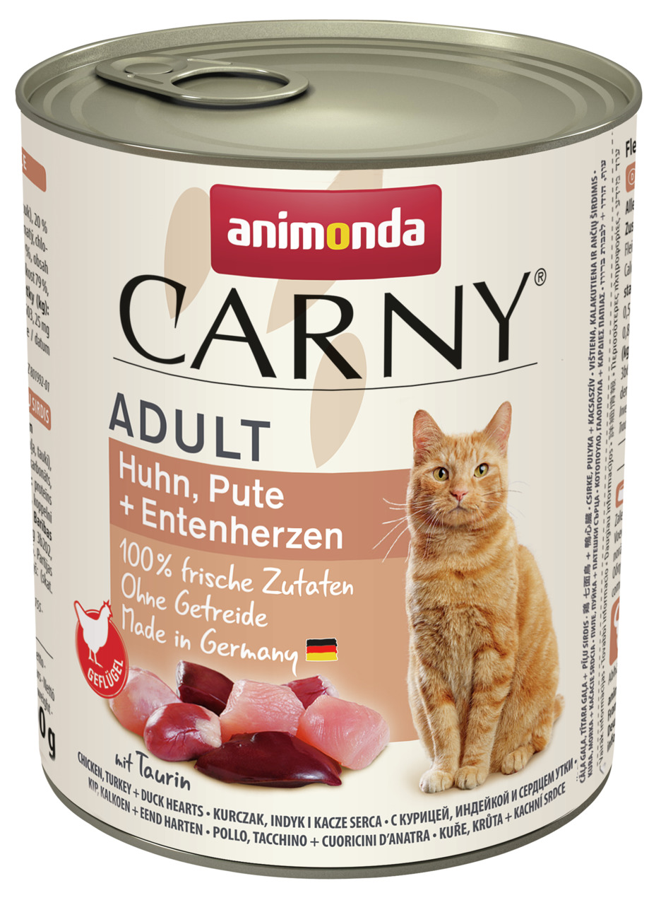 Animonda Carny Adult, Katzenfutter, Huhn/Pute/Entenherzen, 100 % frische Zutaten, ohne Getreide, Made in Germany, 400 g.