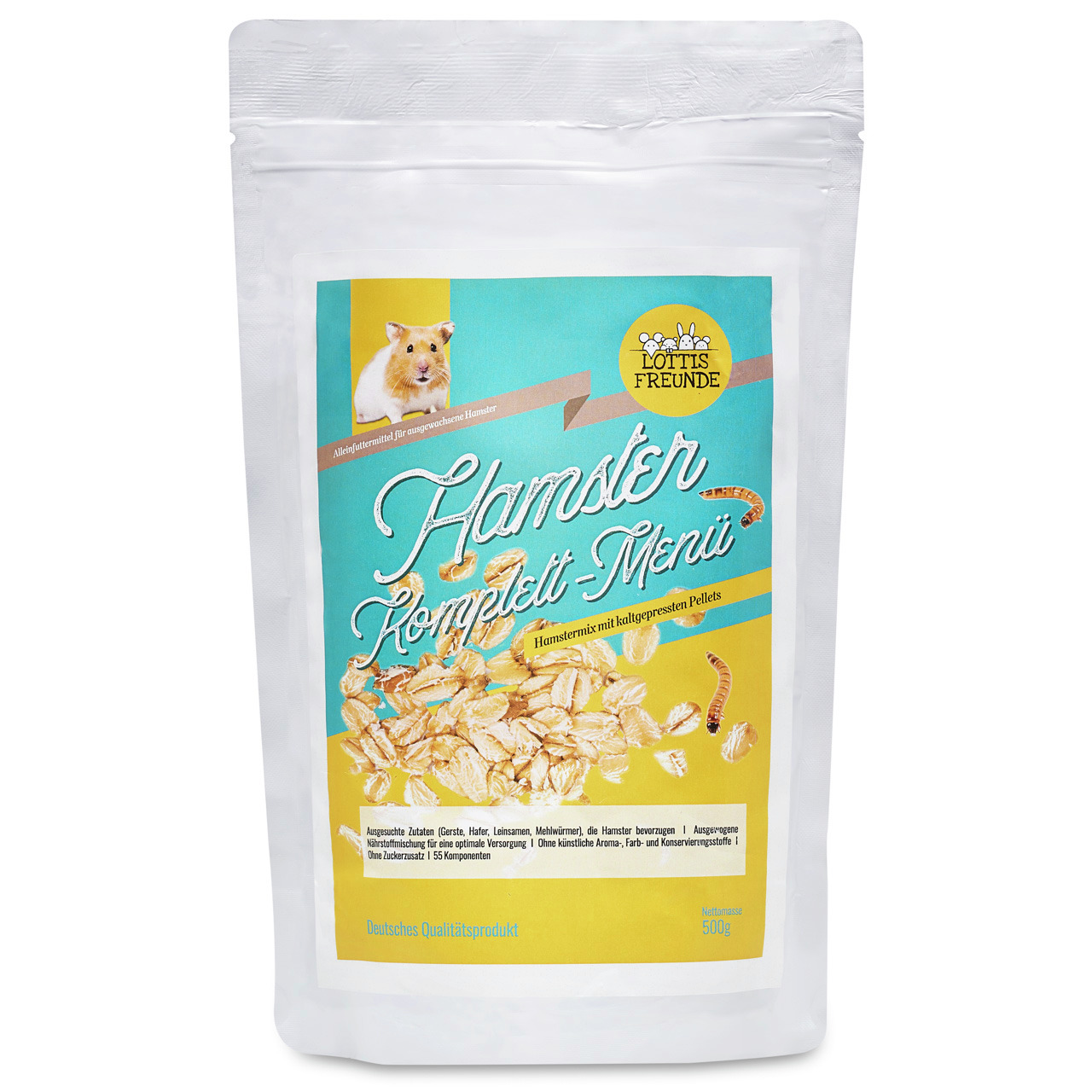 Das Bild zeigt eine weiße Verpackung des Produkts „Hamster Komplett-Menü“ der Marke LOTTIS FREUNDE. Es handelt sich um ein hochwertiges Alleinfuttermittel für Hamster. Die Verpackung enthält 500 g und hebt ausgewogene Zutaten wie Gerste, Hafer und kaltgep