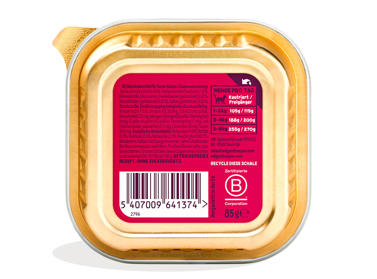 Edgard & Cooper Katzenfutter Senior, Huhn & Truthahn, getreidefrei, 85 g, für kastrierte/freilaufende Katzen.
