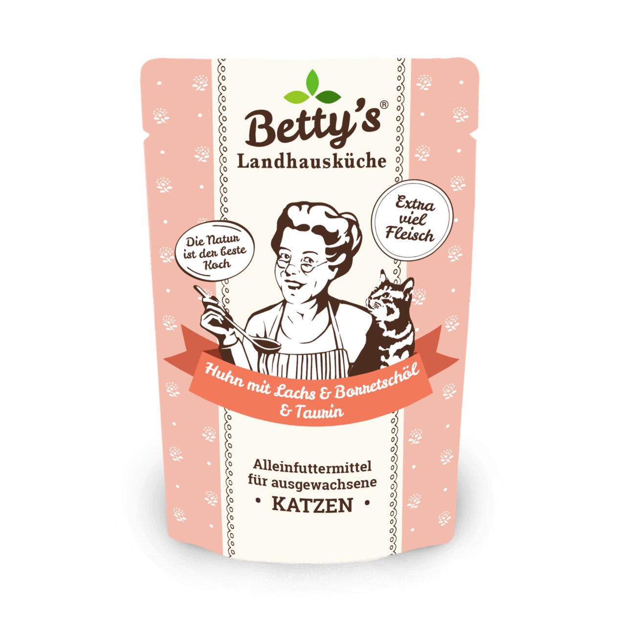 Betty’s Landhausküche Katzenfutter für ausgewachsene Katzen, Huhn mit Lachs, Borretschöl & Taurin, Extra viel Fleisch, 85 g