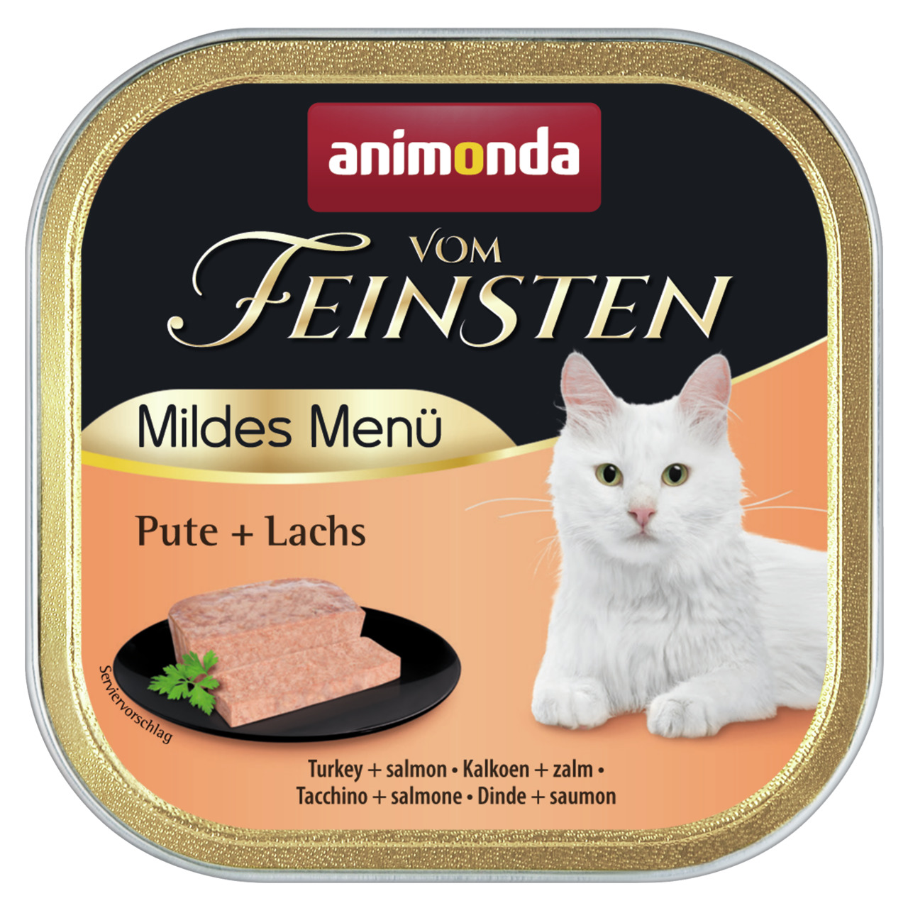 Animonda Vom Feinsten Katzenfutter, Mildes Menü mit Pute & Lachs, für ausgewachsene Katzen, 100g, gold-orange Verpackung.