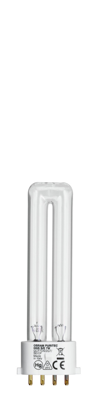 OSRAM PURITEC HNS S-E 7W UV-C-Lampe, kompakt, U-förmig, weißer Sockel, CE-Hg-Symbole, zur Desinfektion von Wasser, Luft, Oberflächen.