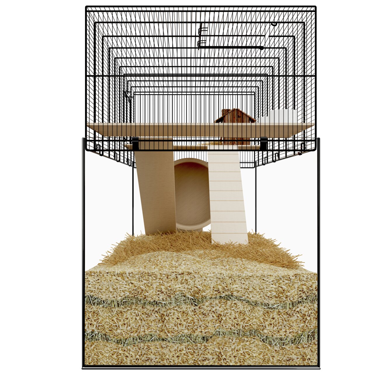 Das Bild zeigt den Allpets Kleintierkäfig, geeignet für Kleintiere wie Hamster oder Mäuse. Der Käfig besteht aus einem stabilen Metallgitter und enthält eine Holzplattform mit Rampe, ein Häuschen sowie Einstreu aus Holzspänen. Ideal für eine artgerechte H