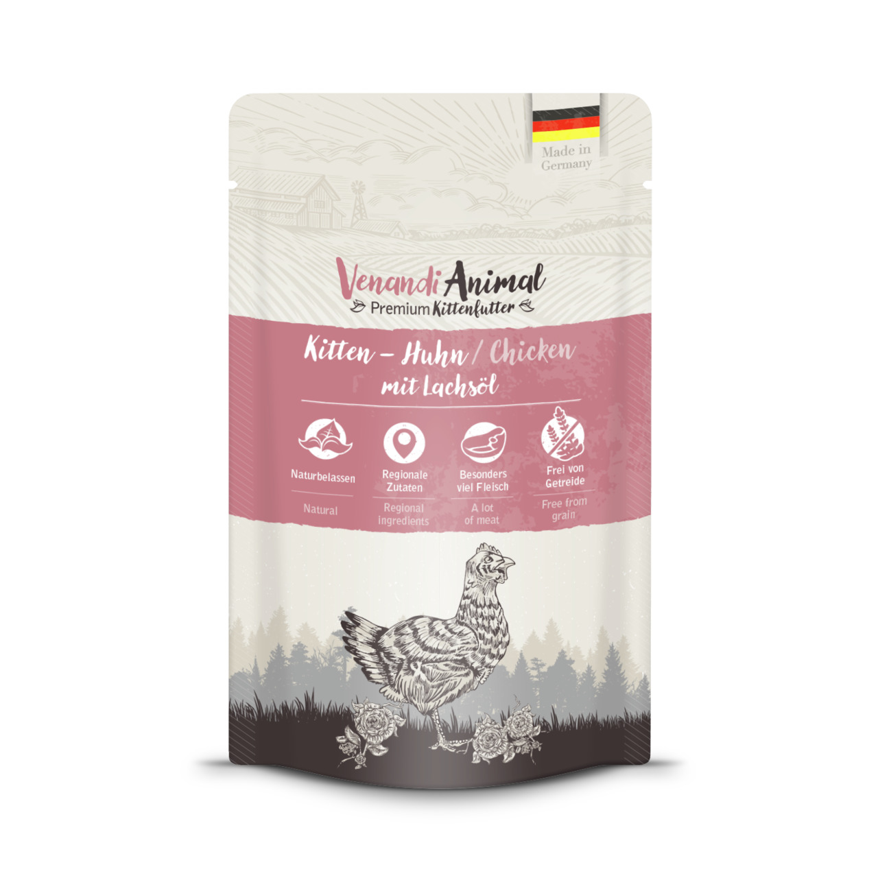 Venandi Animal Kittenfutter Huhn & Lachsöl, für junge Katzen, natürliche Zutaten, getreidefrei, 100 g.