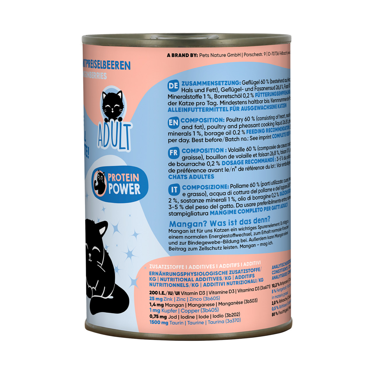 Lucky Lou Katzenfutter Adult, Geflügel+Preiselbeeren, "Protein Power", 200 g, Alleinfutter mit Vit. D3, Zink, Taurin.