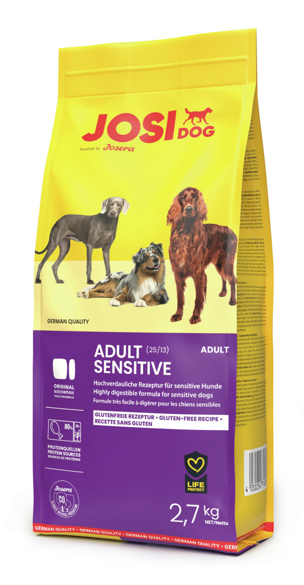 Josera JosiDog Adult Sensitive, für ausgewachsene Hunde mit empfindl. Magen, glutenfrei, 80 % tier. Proteine, 2,7 kg.