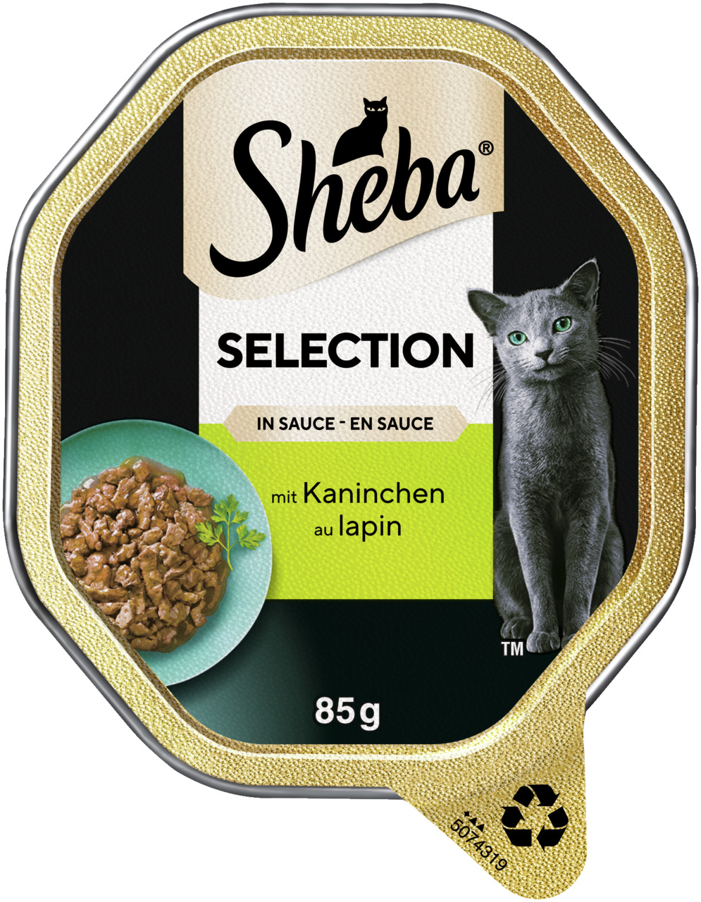 Sheba Selection in Sauce, Katzenfutter, Kaninchen, 85 g, goldene Verpackung mit schwarzem Etikett und grauem Katzendruck.