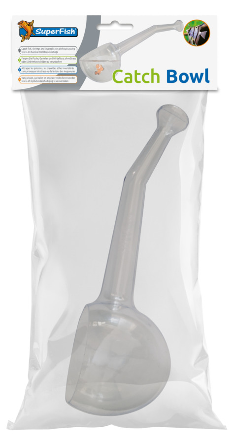 SuperFish Catch Bowl: Fanggefäß f. Aquarienbesitzer, stressfreies Fangen v. Fischen, transparent, klar, mit Markenlogo.