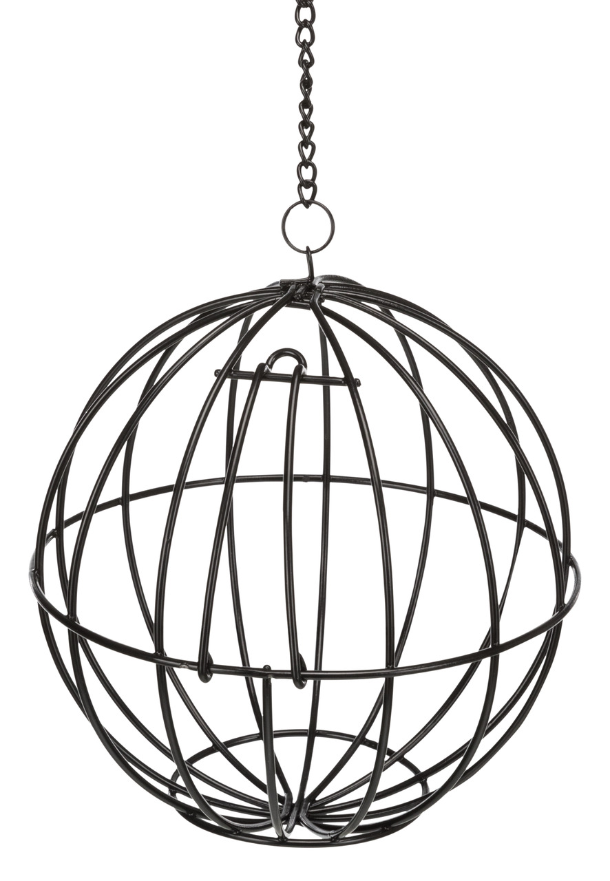 Schwarzer Futterball von TRIXIE für Vögel und Kleintiere. Der Ball besteht aus Metallstreben und ist an einer Kette mit Haken zum Aufhängen befestigt. Ideal zur Befüllung mit Heu, Gemüse oder Snacks. Fördert die artgerechte Beschäftigung und Bewegung. EAN