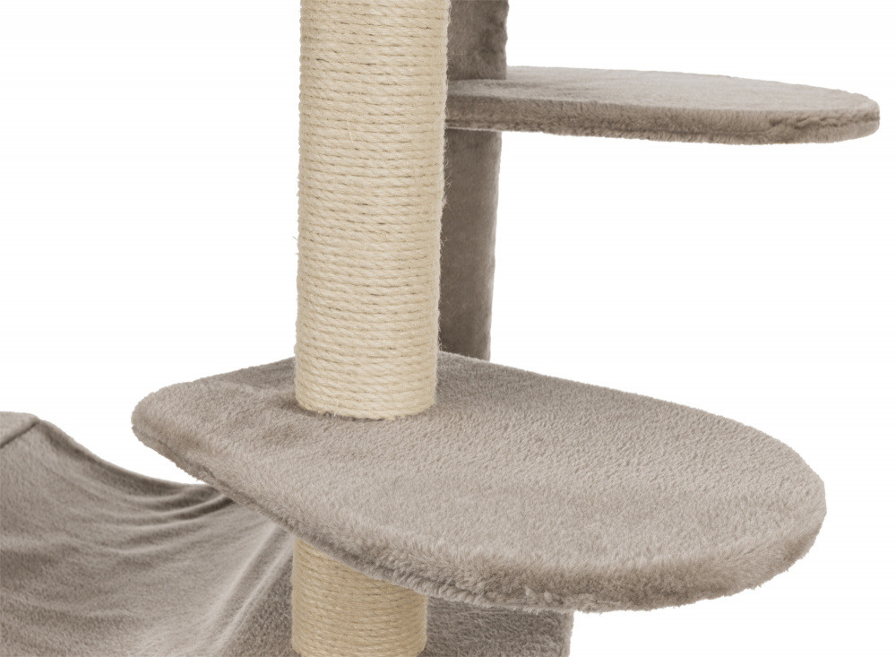 Das Bild zeigt einen Kratzbaum der Marke TRIXIE, geeignet für Katzen. Der Kratzbaum besteht aus mehreren mit weichem Stoff bezogenen Plattformen in Beige und einem mit Sisal umwickelten Stamm, der zum Kratzen dient. Ideal für Katzen zur Krallenpflege und 
