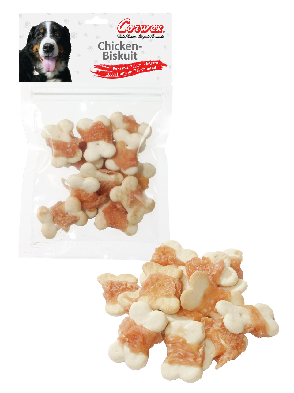 Corwex Chicken-Biskuit: fettarme Hundesnacks in Knochenform, 100 % Hühnerfleisch, für Hunde, ausgewogene Ernährung, mehrere Snacks.