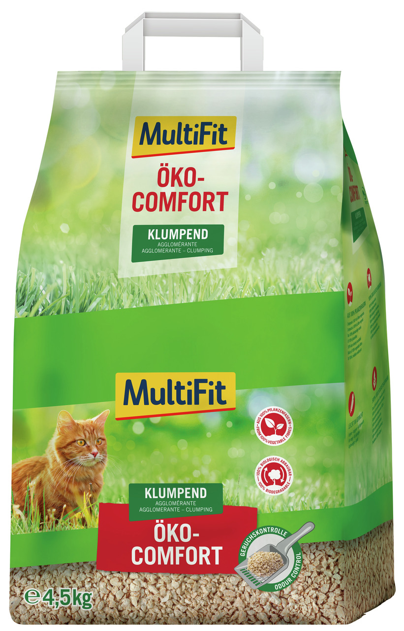 MultiFit Öko-Comfort Katzenstreu, klumpend, 4,5 kg, 100 % pflanzlich, biologisch abbaubar, grüne Verpackung mit roter Katze.