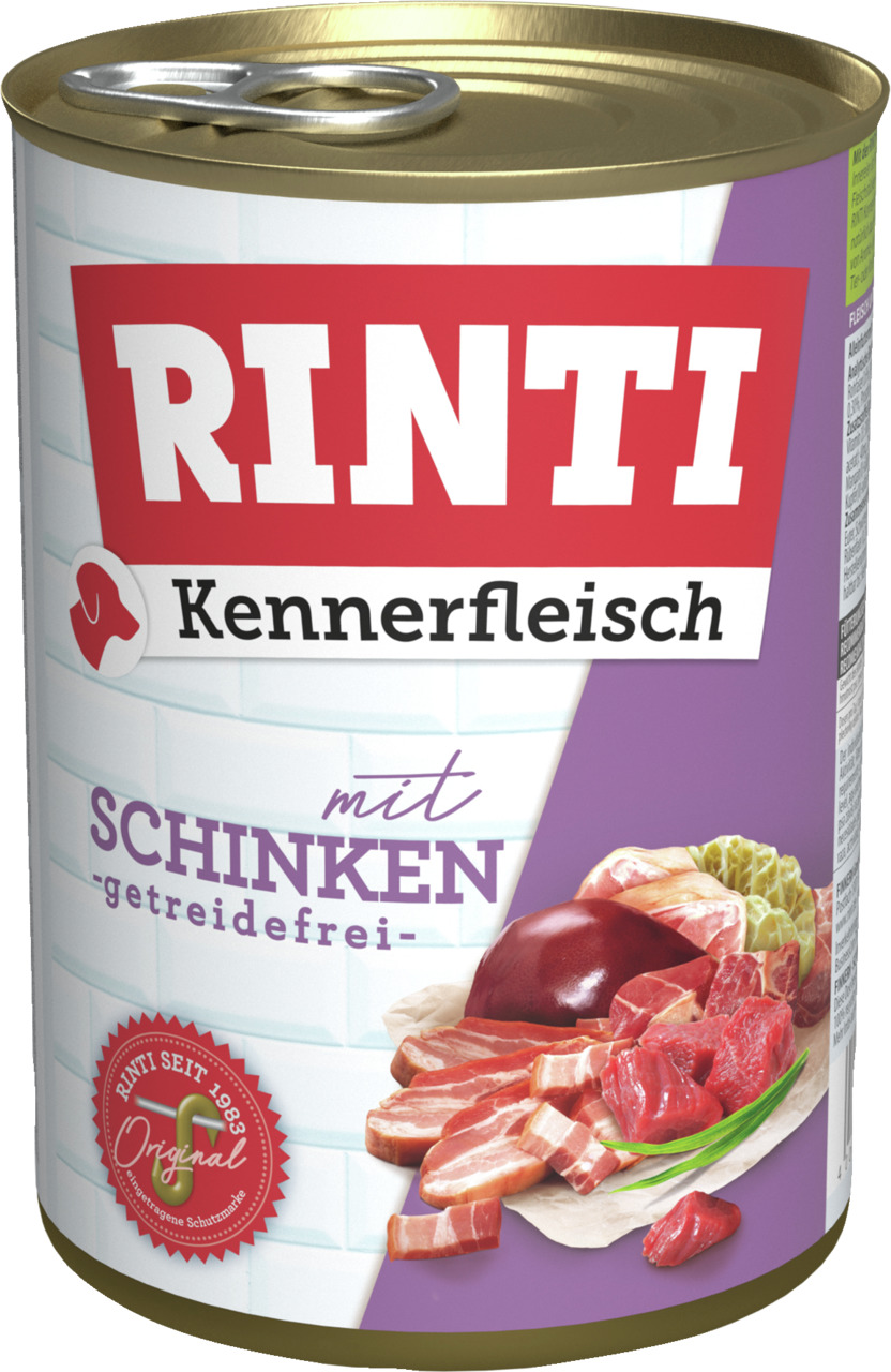 RINTI Kennerfleisch Hundefutter, mit Schinken, getreidefrei, hochwertige Fleischstücke, 400 g.