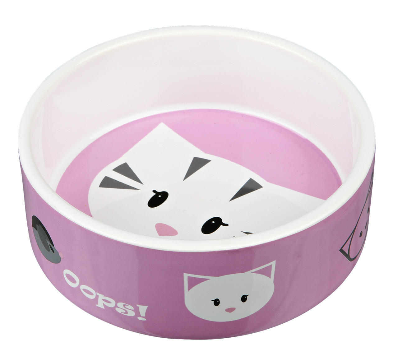 Rosa Futternapf von TRIXIE mit niedlichem Katzendesign, ideal für Katzen als Zielgruppe. Der Napf zeigt ein verspieltes Motiv mit Katzenköpfen und der Aufschrift „Oops!“. Hergestellt aus robustem Material, perfekt für Futter oder Wasser. Fassungsvermögen 