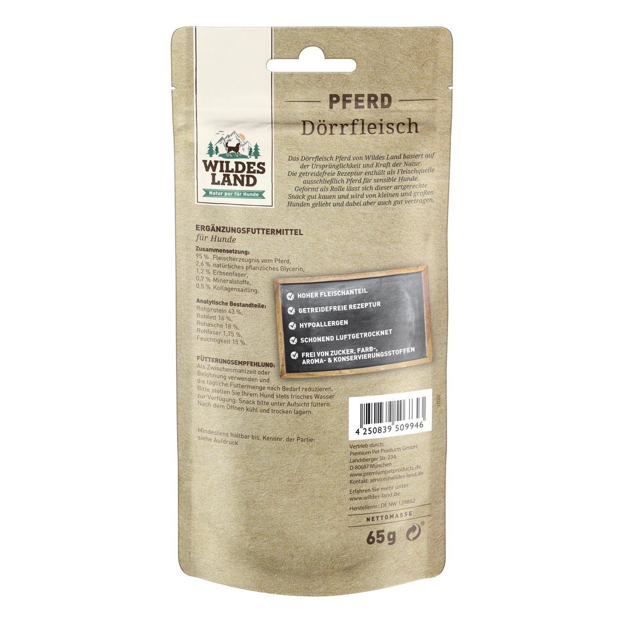 Wildes Land Pferd Dörrfleisch für Hunde, getreidefrei, hypoallergen, luftgetrocknet, 65 g, ohne Zucker, Farb-, Aroma- & Konservierungsstoffe.
