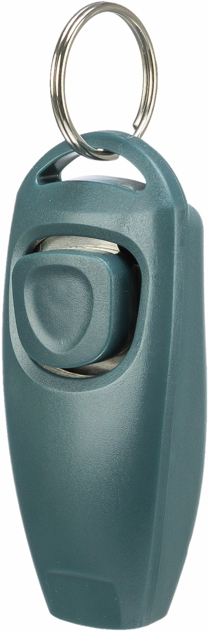 Das Bild zeigt den TRIXIE Dog Activity Clicker, ein Trainingsgerät für Hunde. Der Clicker ist türkisfarben, ergonomisch geformt und mit einem Metallring zur Befestigung ausgestattet. Er eignet sich für Hundehalter, die positive Verstärkung im Training anw