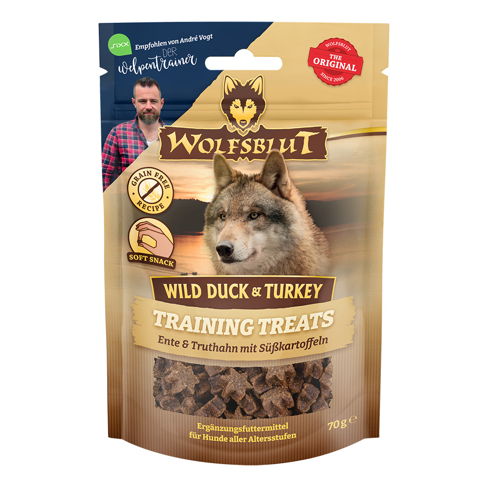 Wolfsblut Wild Duck & Turkey Training Treats, getreidefreie Hundesnacks mit Ente, Truthahn & Süßkartoffeln, 70 g, für alle Hunde.
