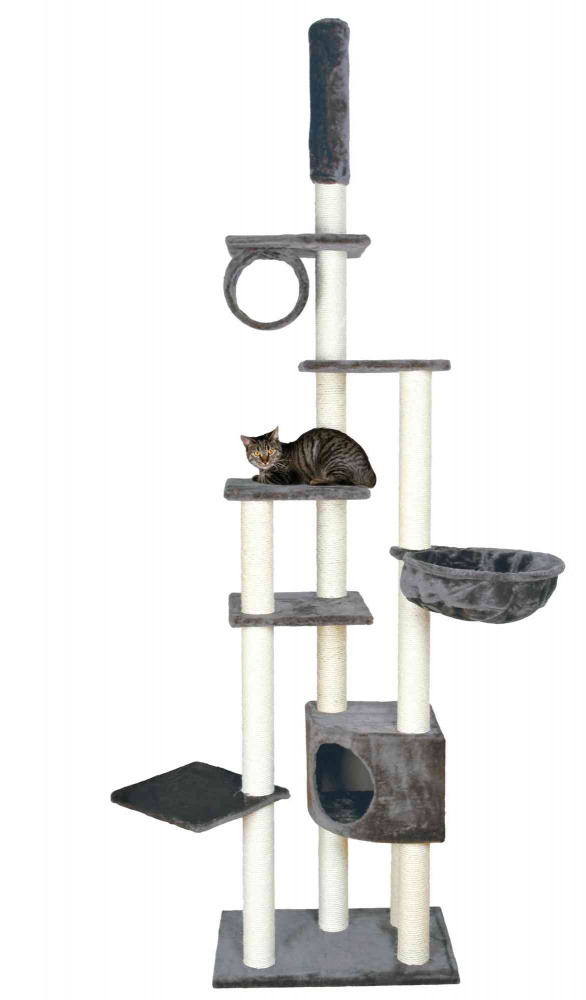 Das Bild zeigt den TRIXIE Kratzbaum XXL für Katzen, geeignet für alle Katzenrassen. Der Kratzbaum bietet mehrere Ebenen, eine Höhle, eine Hängematte und Sisalstämme zum Kratzen. Er ist in Grau gehalten und ideal für Spiel, Ruhe und Krallenpflege. Perfekt 