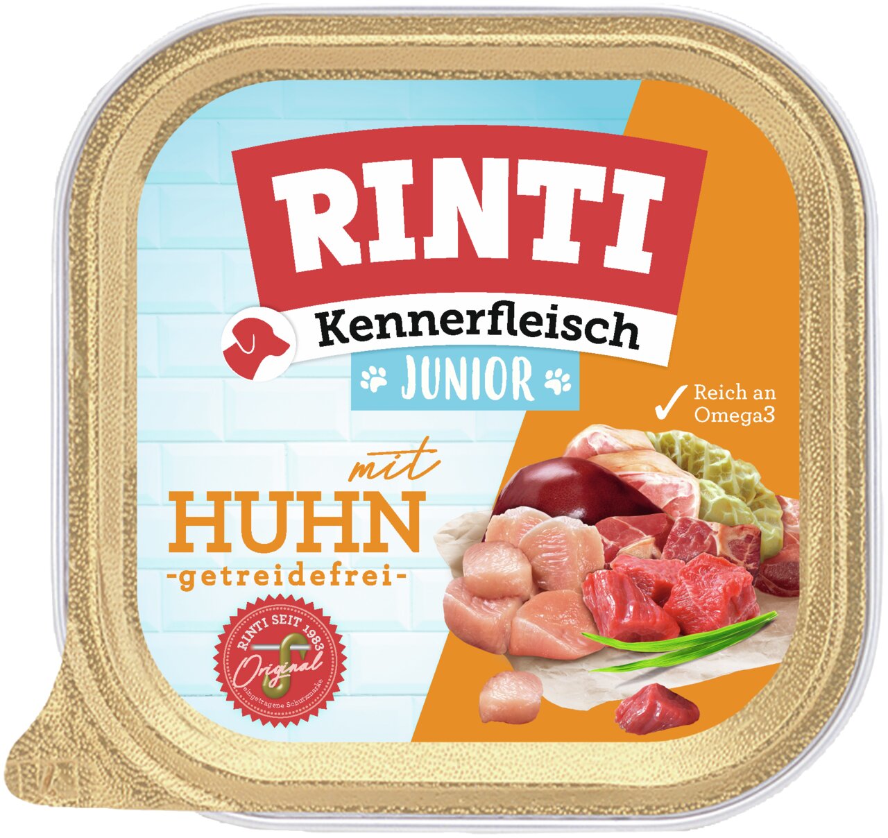 RINTI Kennerfleisch Junior mit Huhn, getreidefrei, für junge Hunde, reich an Omega-3, 150 g Frische-Schale.