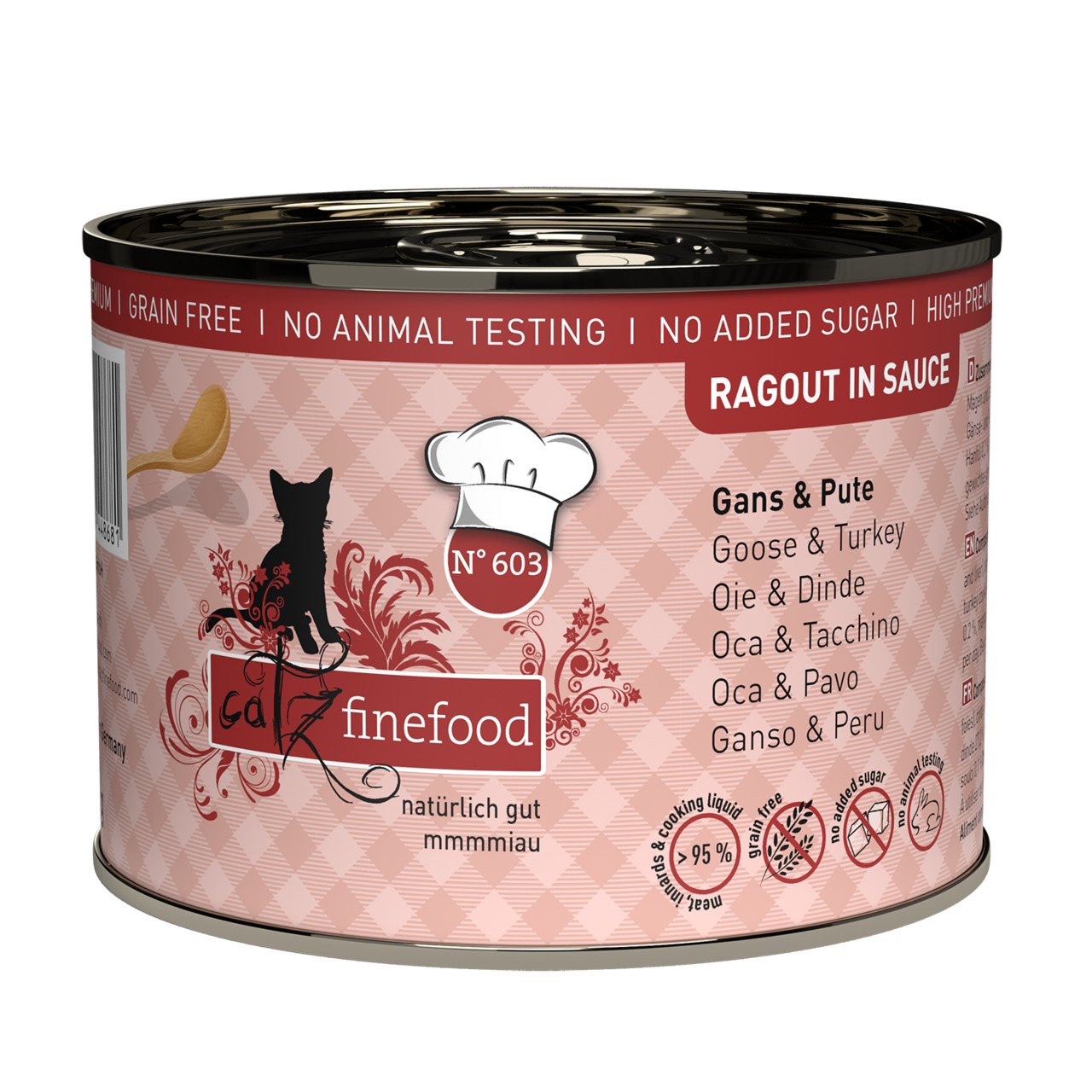 Catz finefood Katzenfutter Gans & Pute (Ragout in Sauce), getreidefrei, ohne Zuckerzusatz, ohne Tierversuche, 200 g.