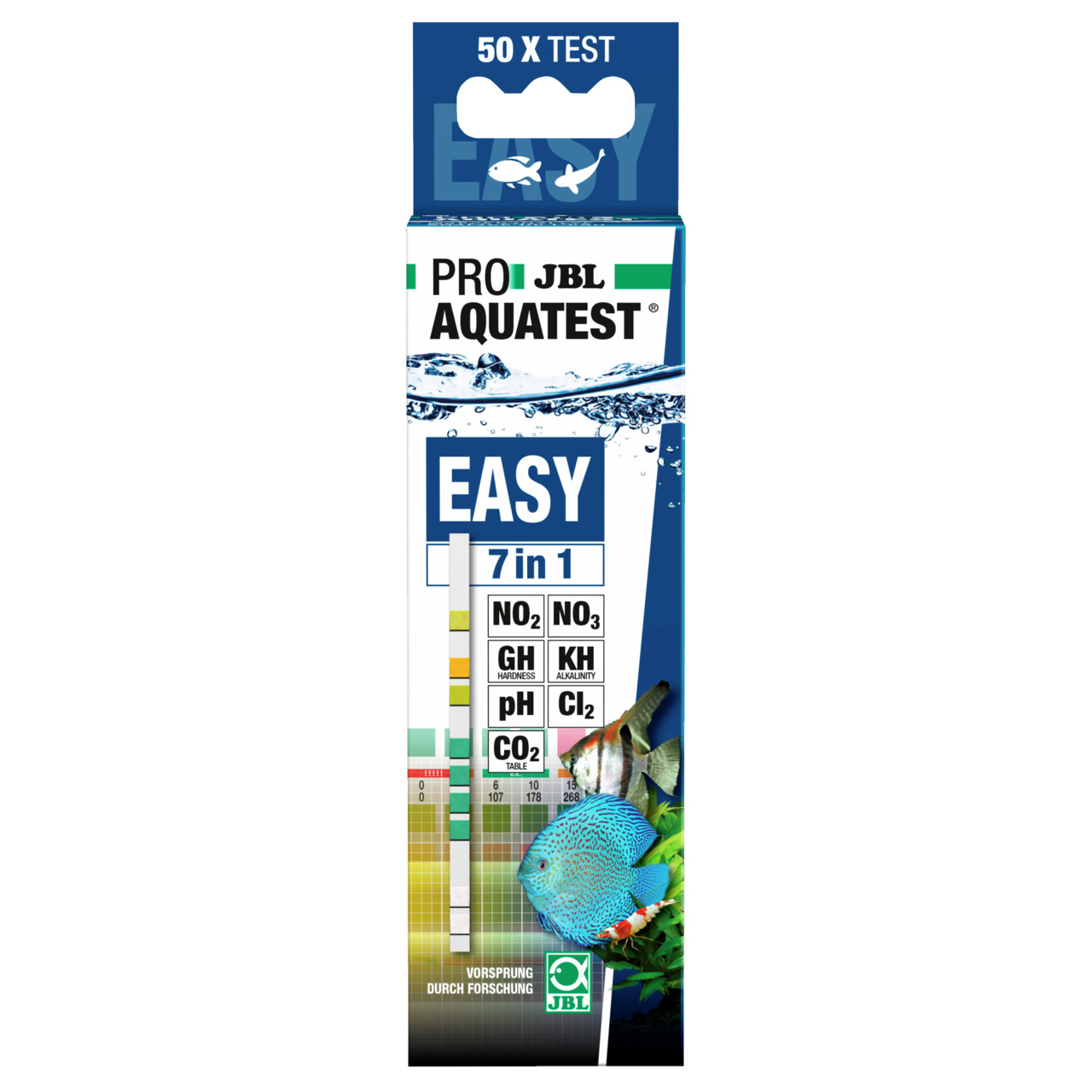 JBL ProAquaTest Easy 7in1, Wassertest f. Aquarienbesitzer, misst NO2, NO3, GH, KH, pH, Cl2, CO2, 50 Teststreifen.