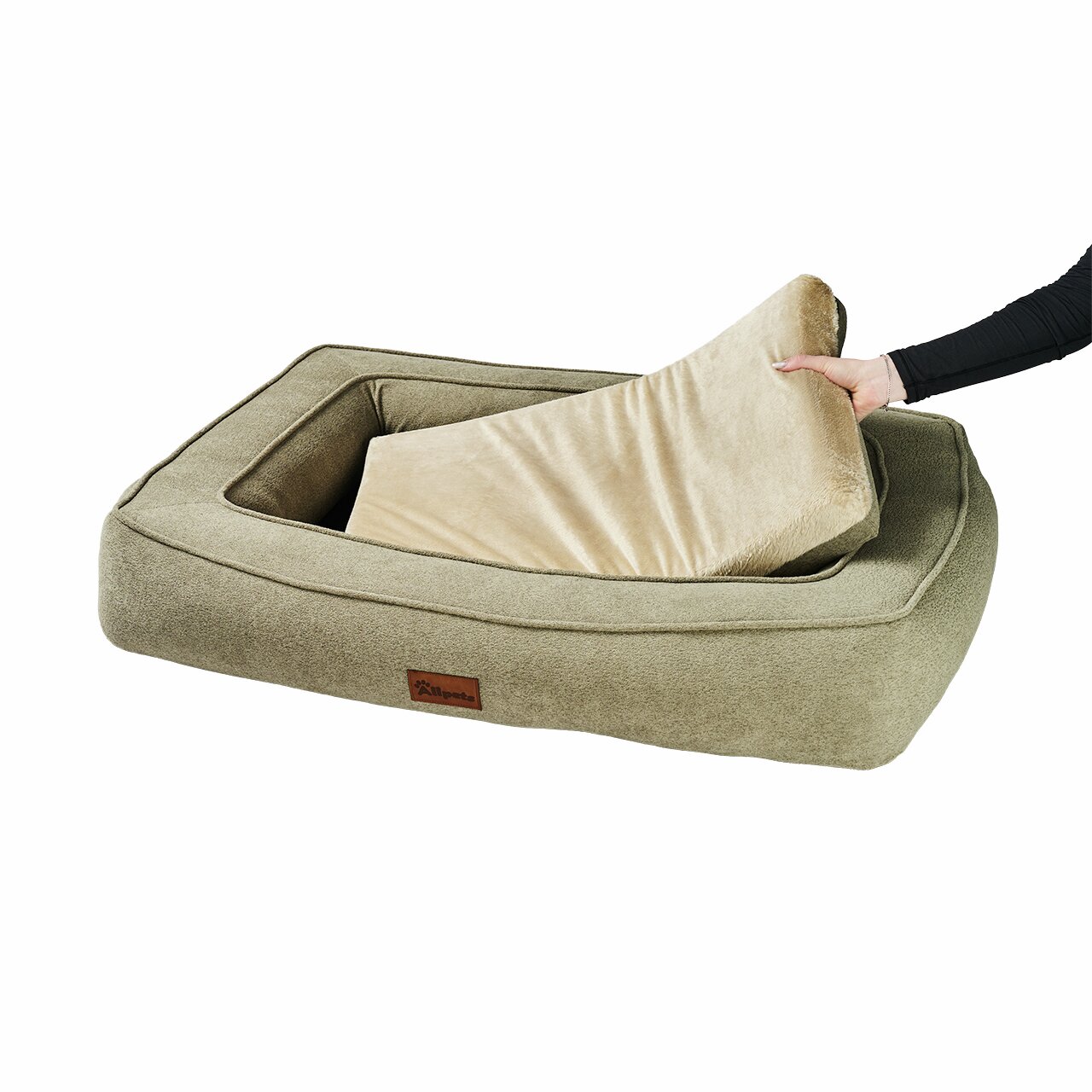 Hundebett Allpets, olivgrün, mit beigem, herausnehmbarem Kissen, für mittelgroße/große Hunde, weich gepolstert, leicht zu reinigen.