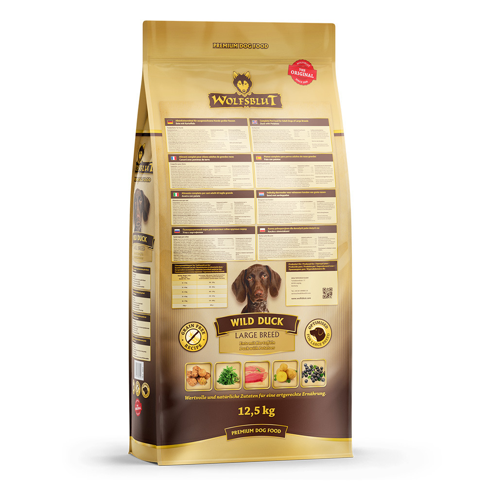 Wolfsblut Wild Duck, 12,5 kg, getreidefreies Premium-Trockenfutter mit Ente, für große Hunderassen, artgerechte Ernährung.