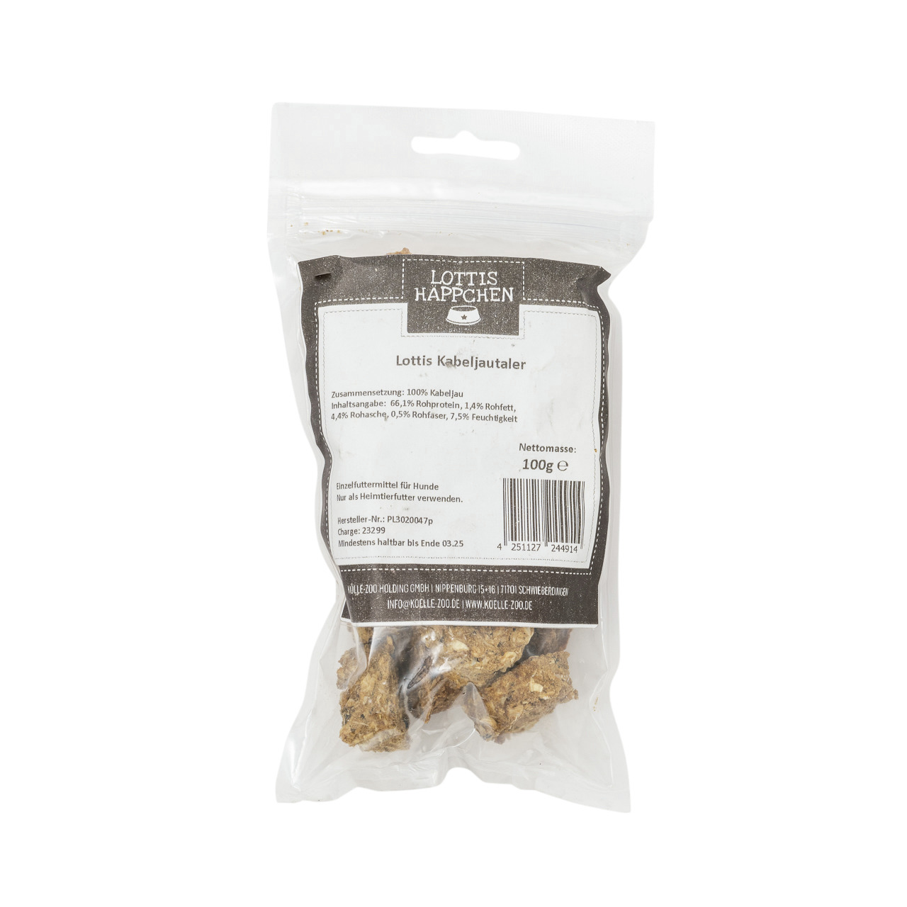 Lottis Häppchen Kabeljautaler, Einzelfuttermittel für Hunde, 100 % Kabeljau, 100 g, ideal als Heimtierfutter.