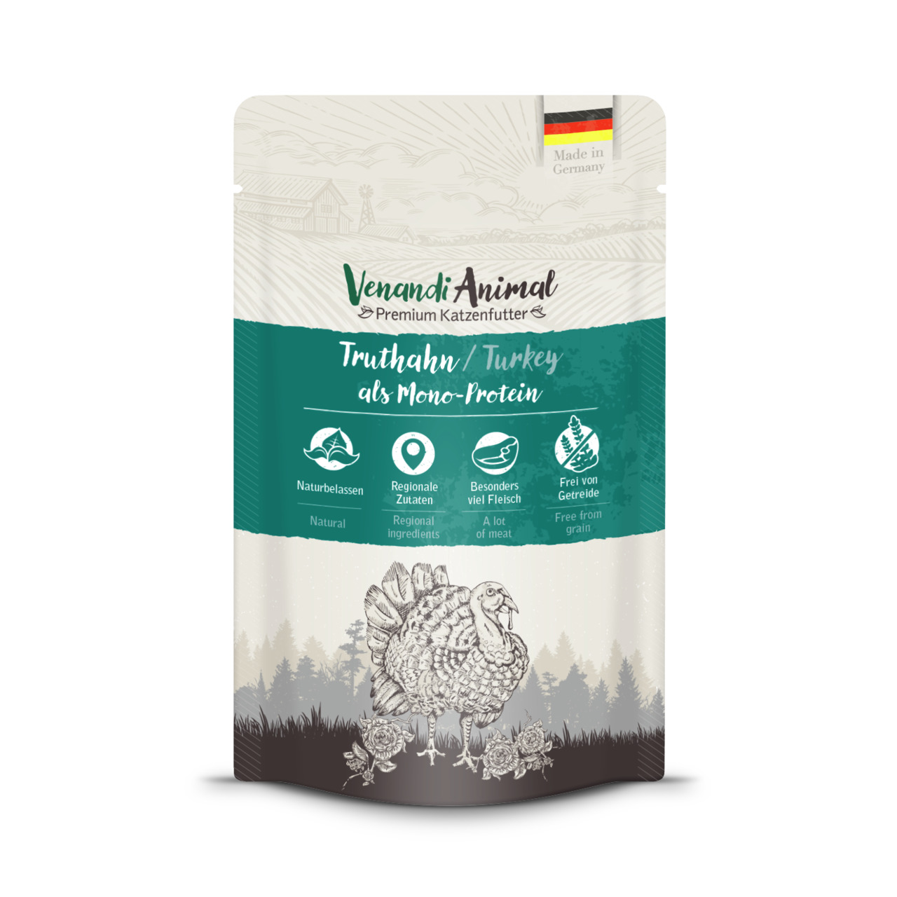 Venandi Animal Truthahn Mono-Protein, Katzen, Truthahn, naturbelassen, regional, viel Fleisch, getreidefrei, 100 g, Made in Germany.