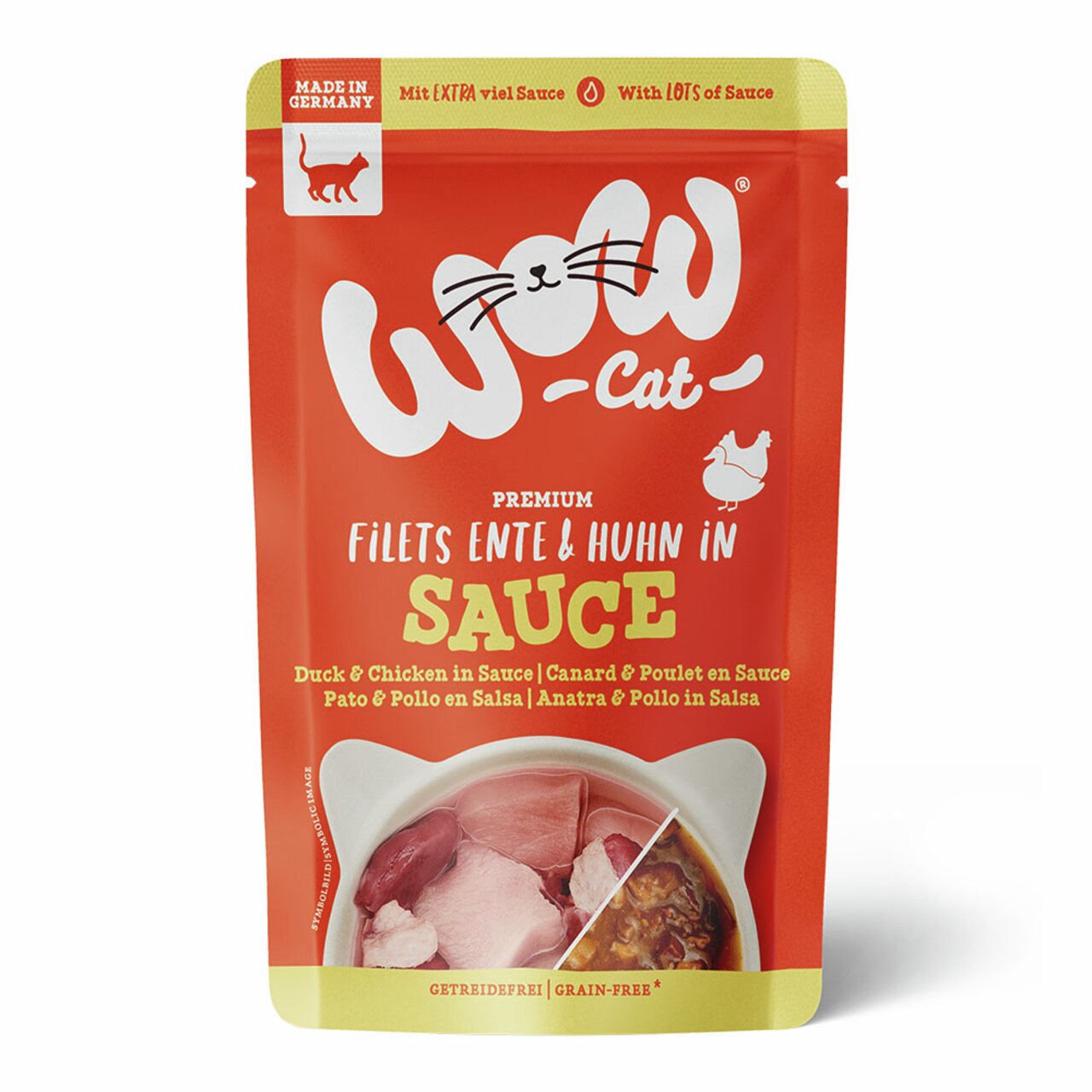 Premium WOW CAT Filets Ente & Huhn in Sauce für Katzen, getreidefrei, mit extra viel Sauce, 85 g, Made in Germany.