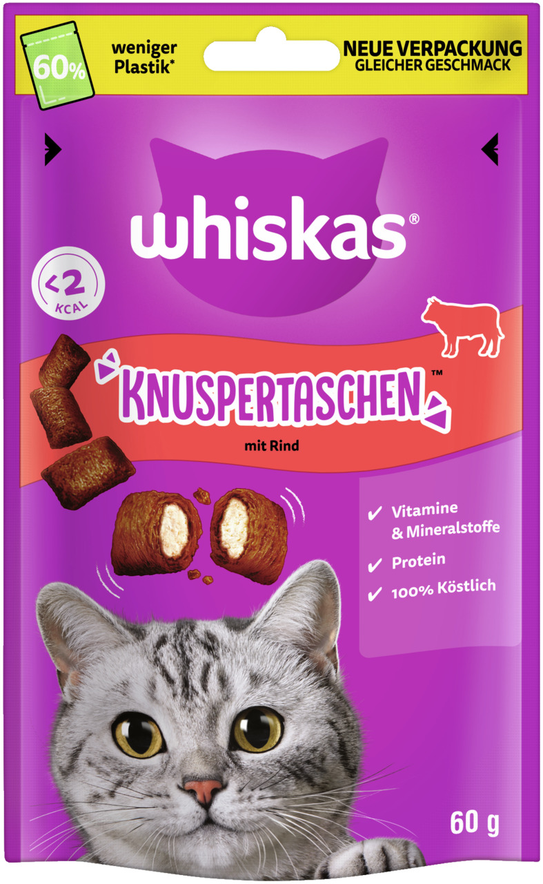 Whiskas Knuspertaschen mit Rind für Katzen, 60 g, „Vitamine & Mineralstoffe“, „Protein“, „100% Köstlich“, 60 % weniger Plastik.