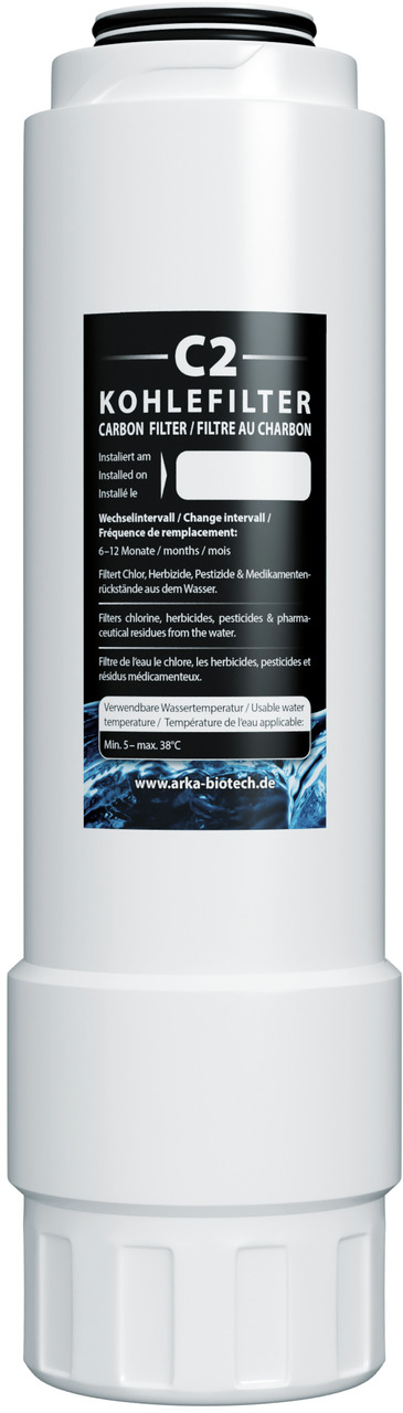 ARKA C2 Kohlefilter: Wasserfilter für Chlor, Herbizide, Pestizide & Medikamentenrückstände. Nutzbar 6–12 Mon., 5–38°C.