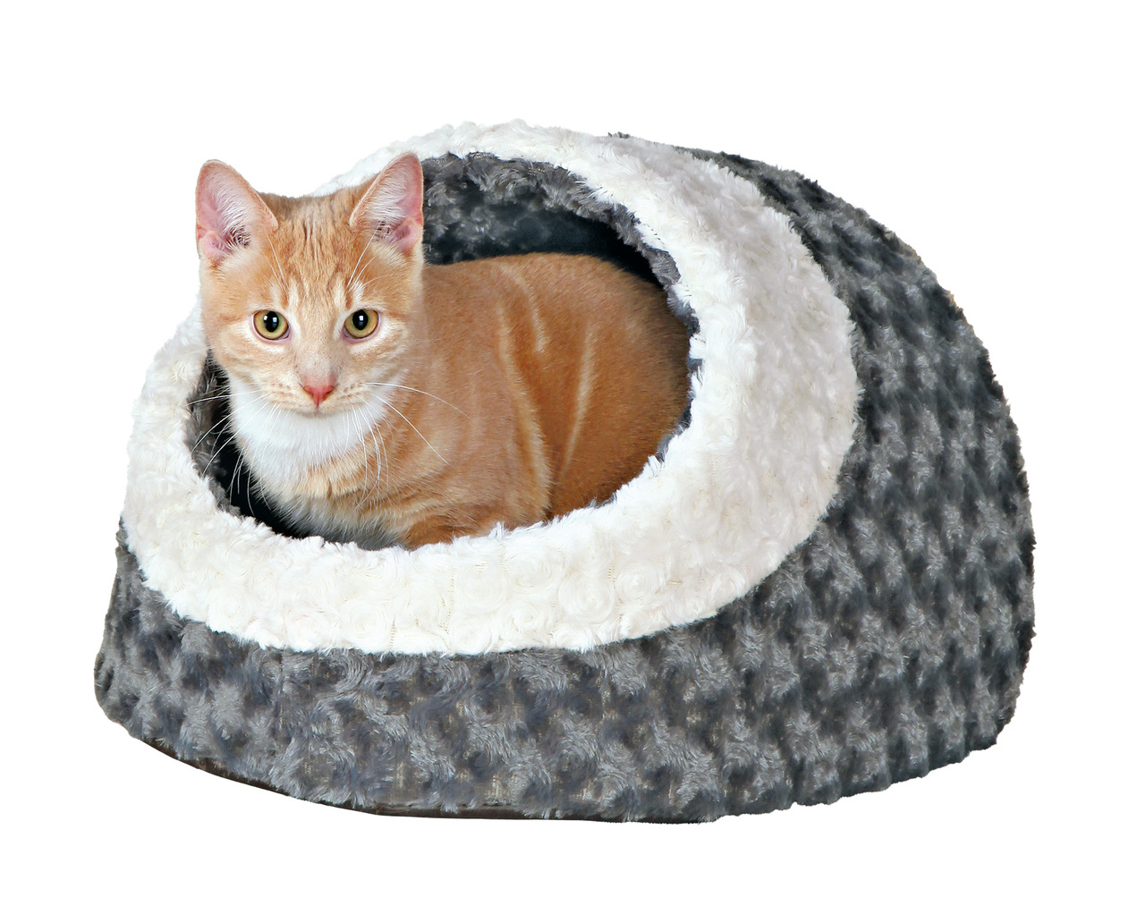 TRIXIE Kuschelbett Höhlenform, Katzen, grau-weiß, gemütl. Rückzugsort, flauschig, Katze entspannt darin.