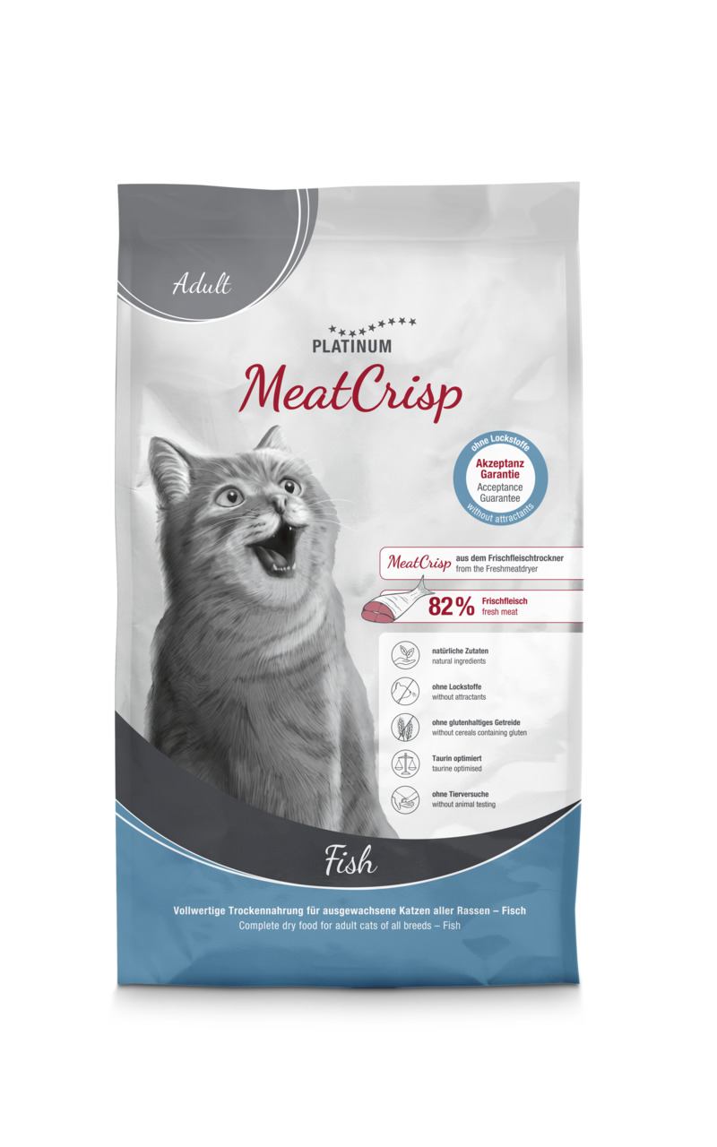 PLATINUM MeatCrisp Katzenfutter Fisch, für ausgew. Katzen, 82 % Frischfleisch, glutenfrei, mit Taurin, tierversuchsfrei, nat. Zutaten.