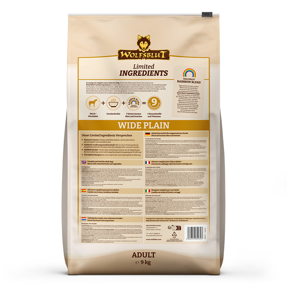 Das Bild zeigt eine 9-kg-Packung Wolfsblut Hundefutter der Sorte "Wide Plain" aus der Limited Ingredients Reihe. Es ist für ausgewachsene Hunde (Adult) geeignet und enthält Pferdefleisch als Hauptzutat, kombiniert mit Gemüse und Vitaminen. Die Verpackung 