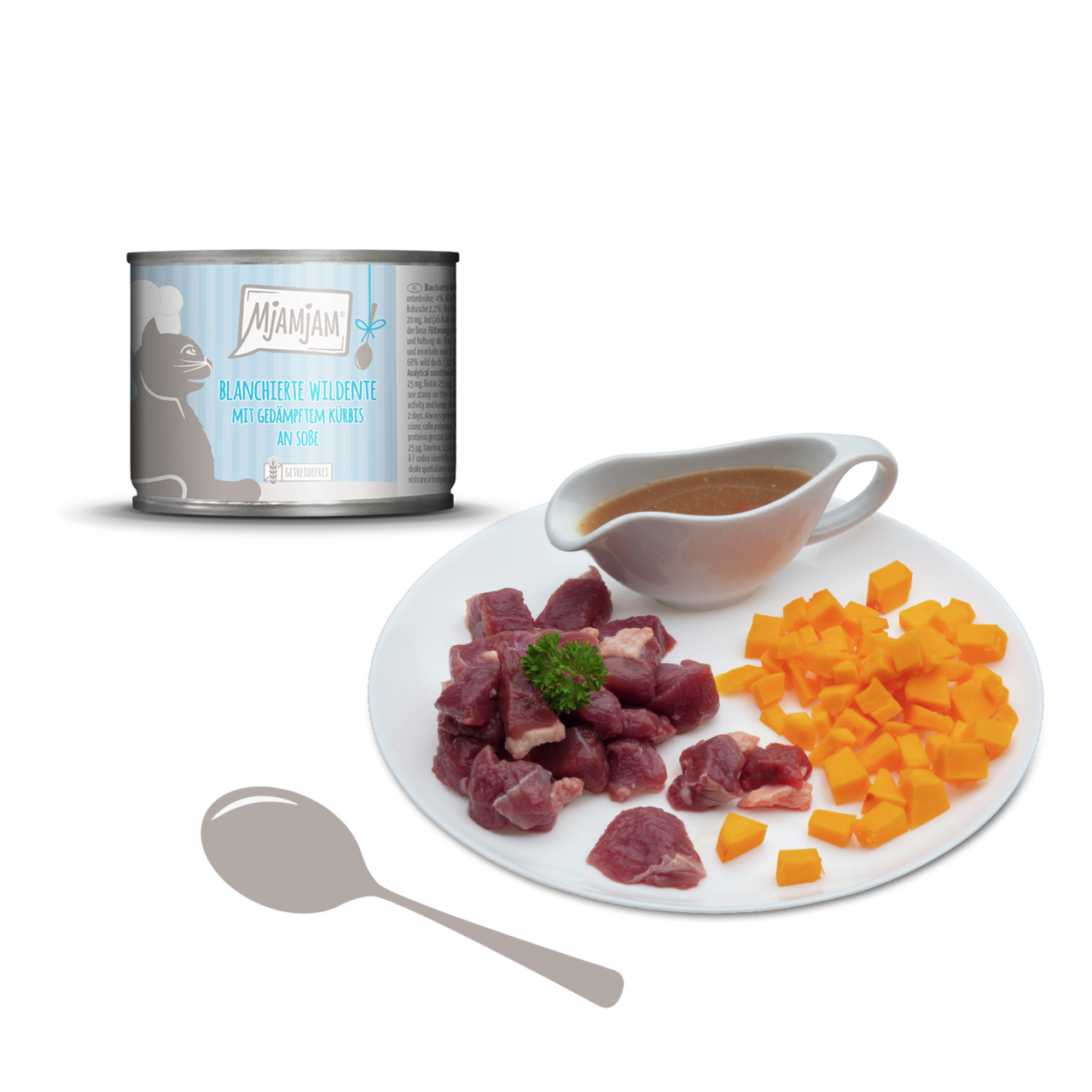 MjAMjAM Katzenfutter "Blanchierte Wildente & Kürbis an Soße", Zielgruppe: Katzen, 125g, mit frischen Zutaten.